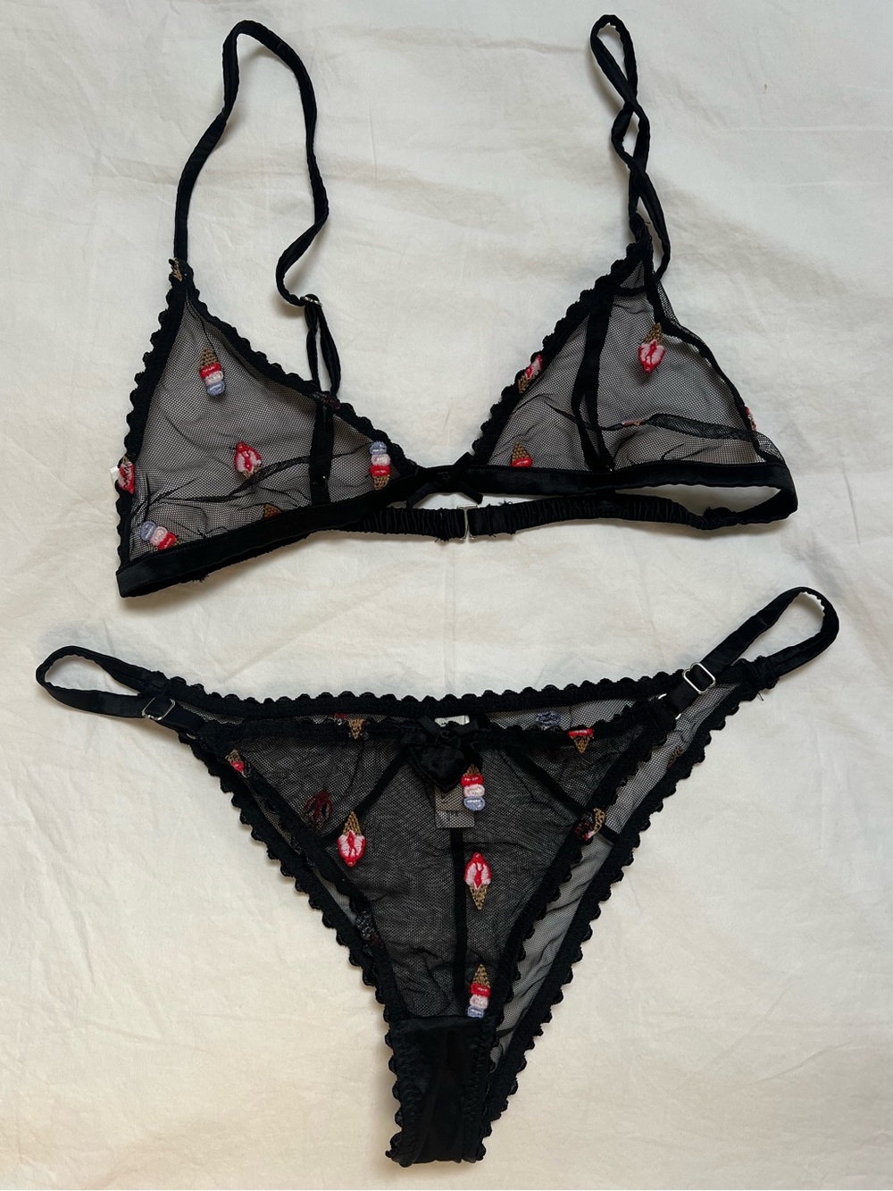 Fleur du Mal Black Lingerie Sheer Mesh Bra & Panty Set with Ice Cream Embroidery